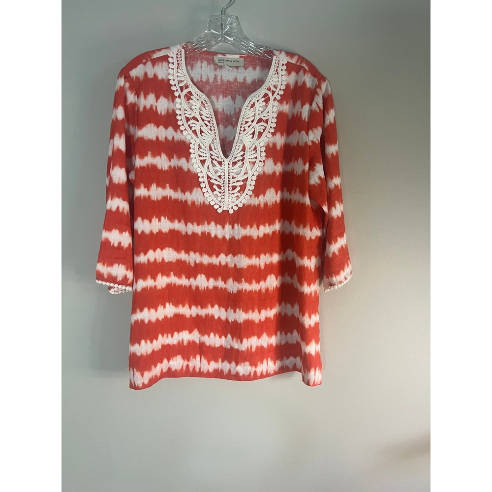 Jones New York Sport Orange White Tie Dye Linen Crochet Lace Tunic Top Medium
